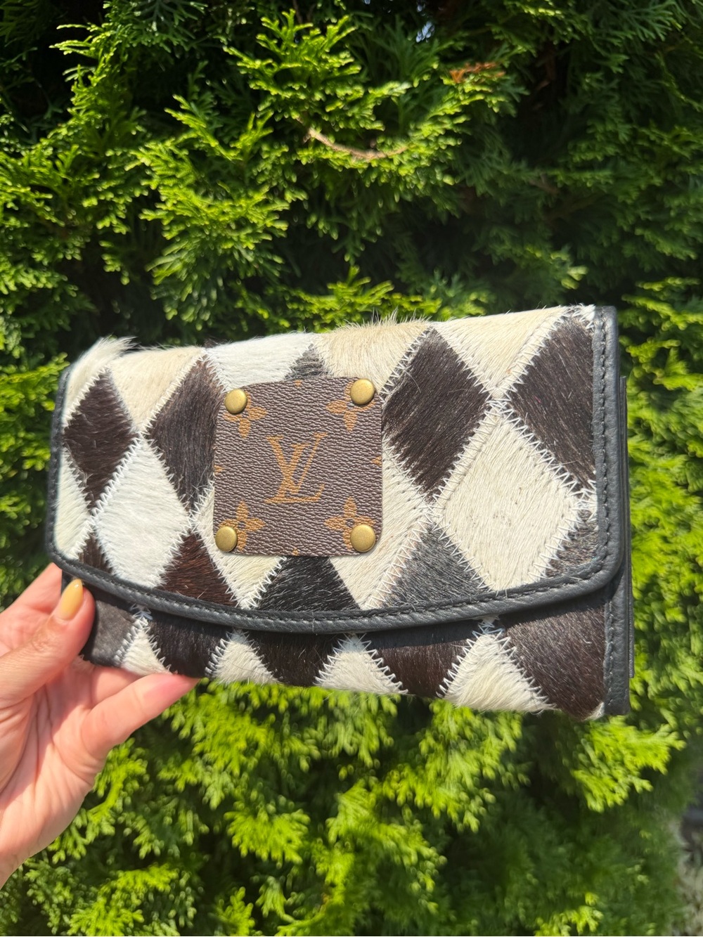 Upcycled Louis Vuitton Patch Black & White Diamond Cowhide Wallet - Picture 4 of 15